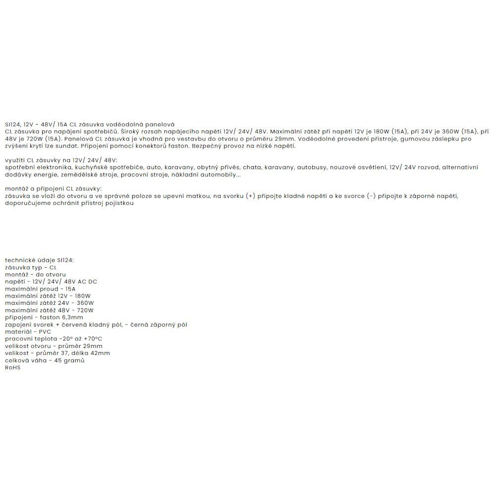 SI124 12V-24V-48V CL 15A zásuvka voděodolná panelová - Obrázek 2